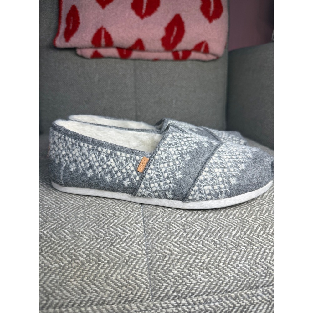 TOMS Alpargata Grey Fair Isle Wool Faux Shearling Lined Slip On Shoes Womensโ 8